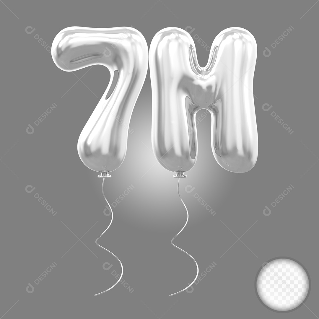 Elemento 3D Balão Prata de Número 7M para Composição PSD