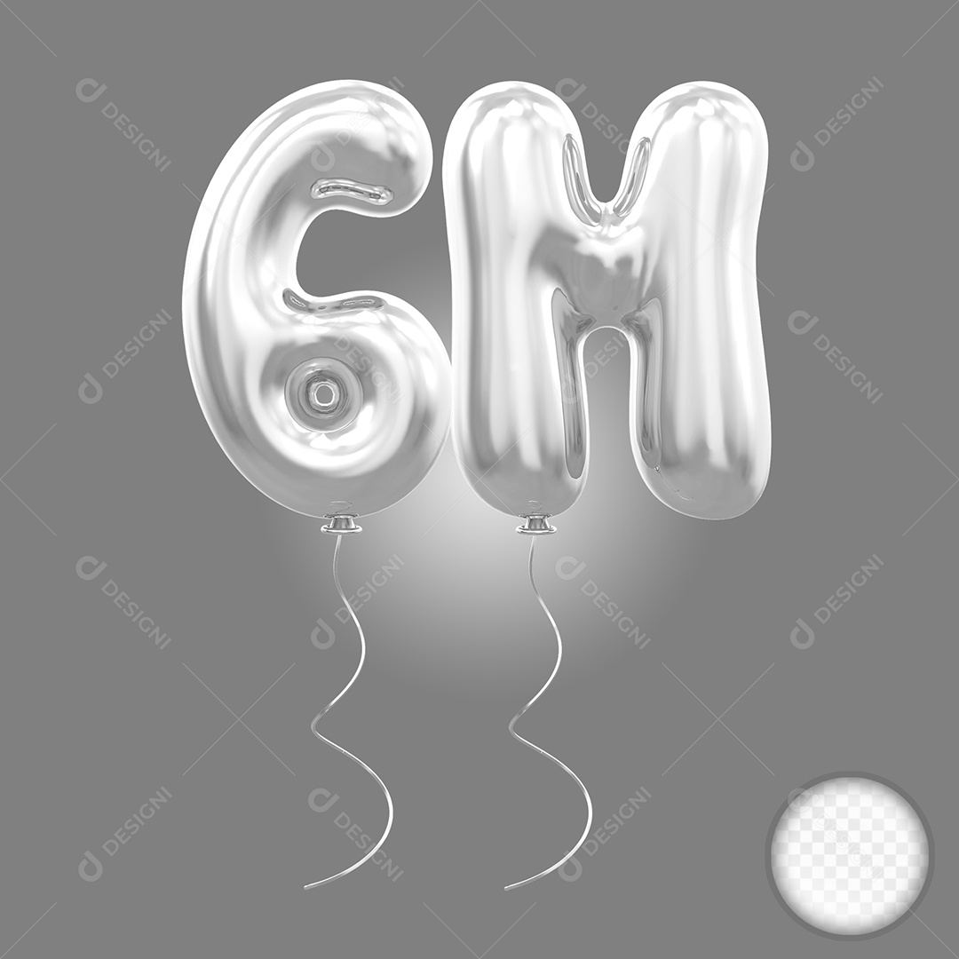 Elemento 3D Balão Prata de Número 6M para Composição PSD