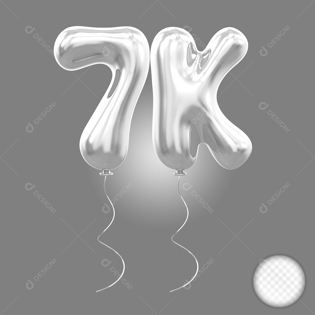 Elemento 3D Balão Prata de Número 7K para Composição PSD