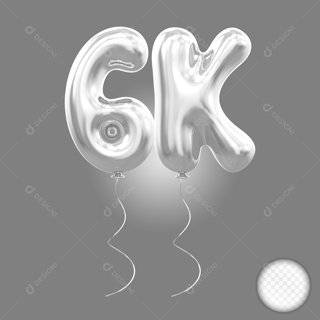 Elemento 3D Balão Prata de Número 6K para Composição PSD