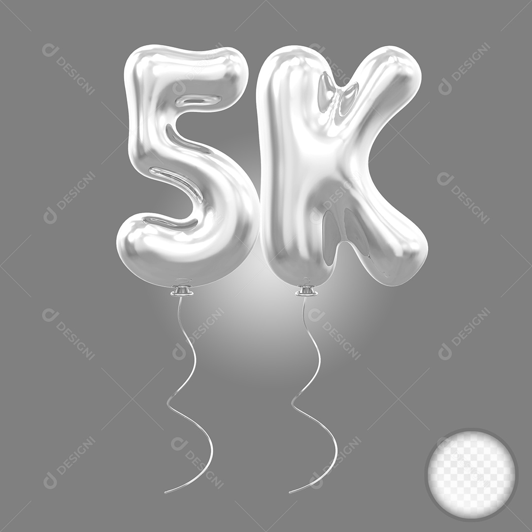 Elemento 3D Balão Prata de Número 5K para Composição PSD