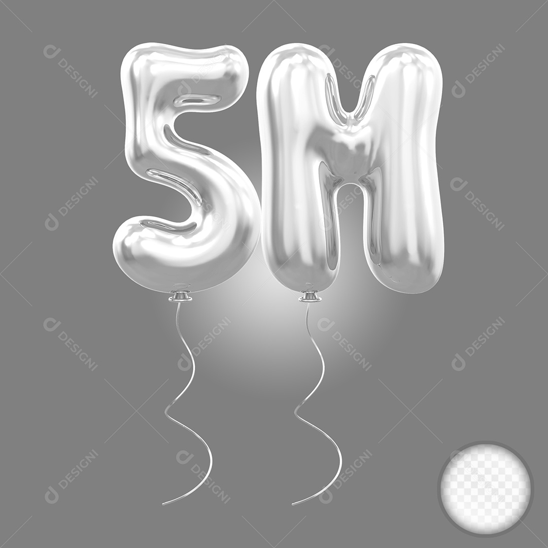 Elemento 3D Balão Prata de Número 5M para Composição PSD