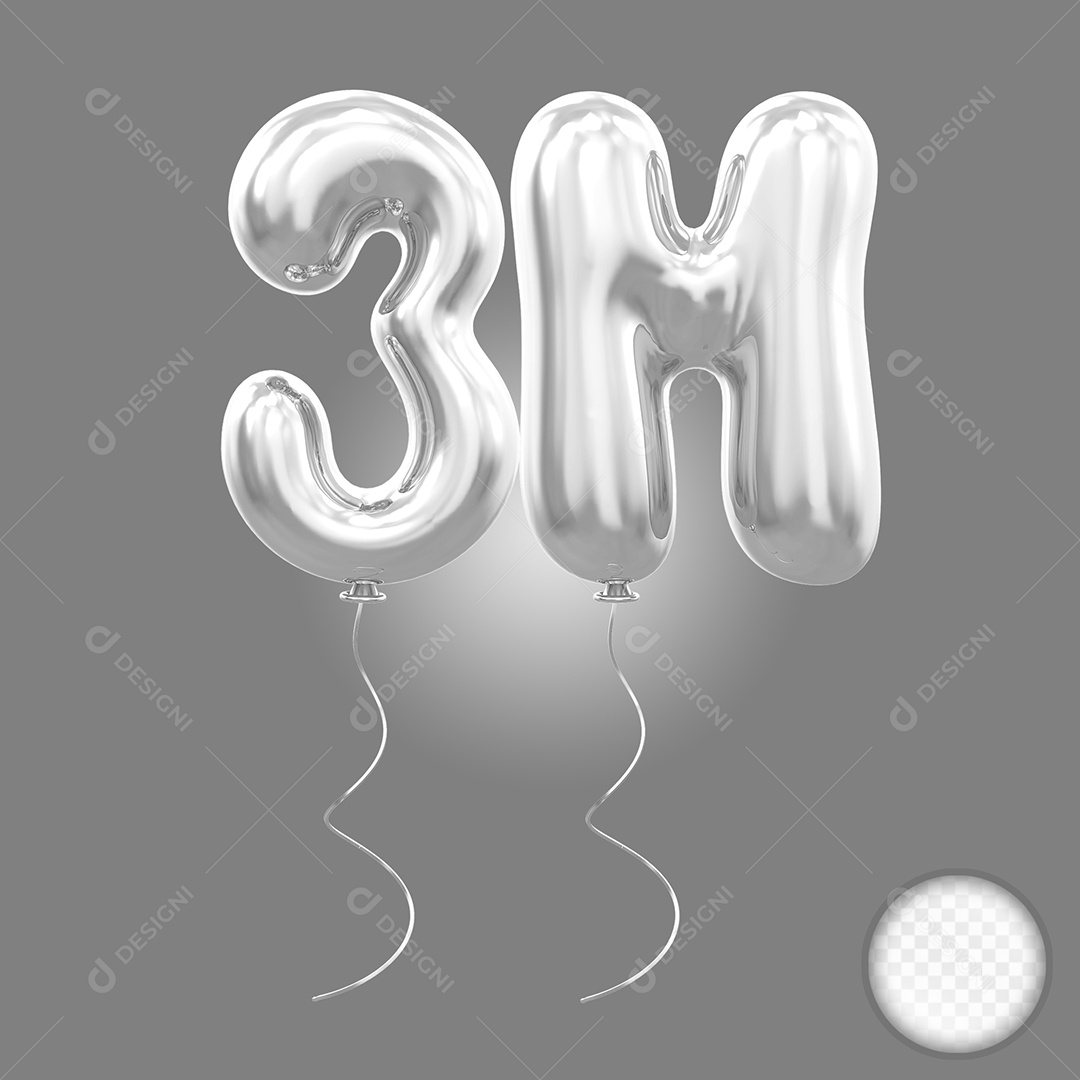 Elemento 3D Balão Prata de Número 3M para Composição PSD