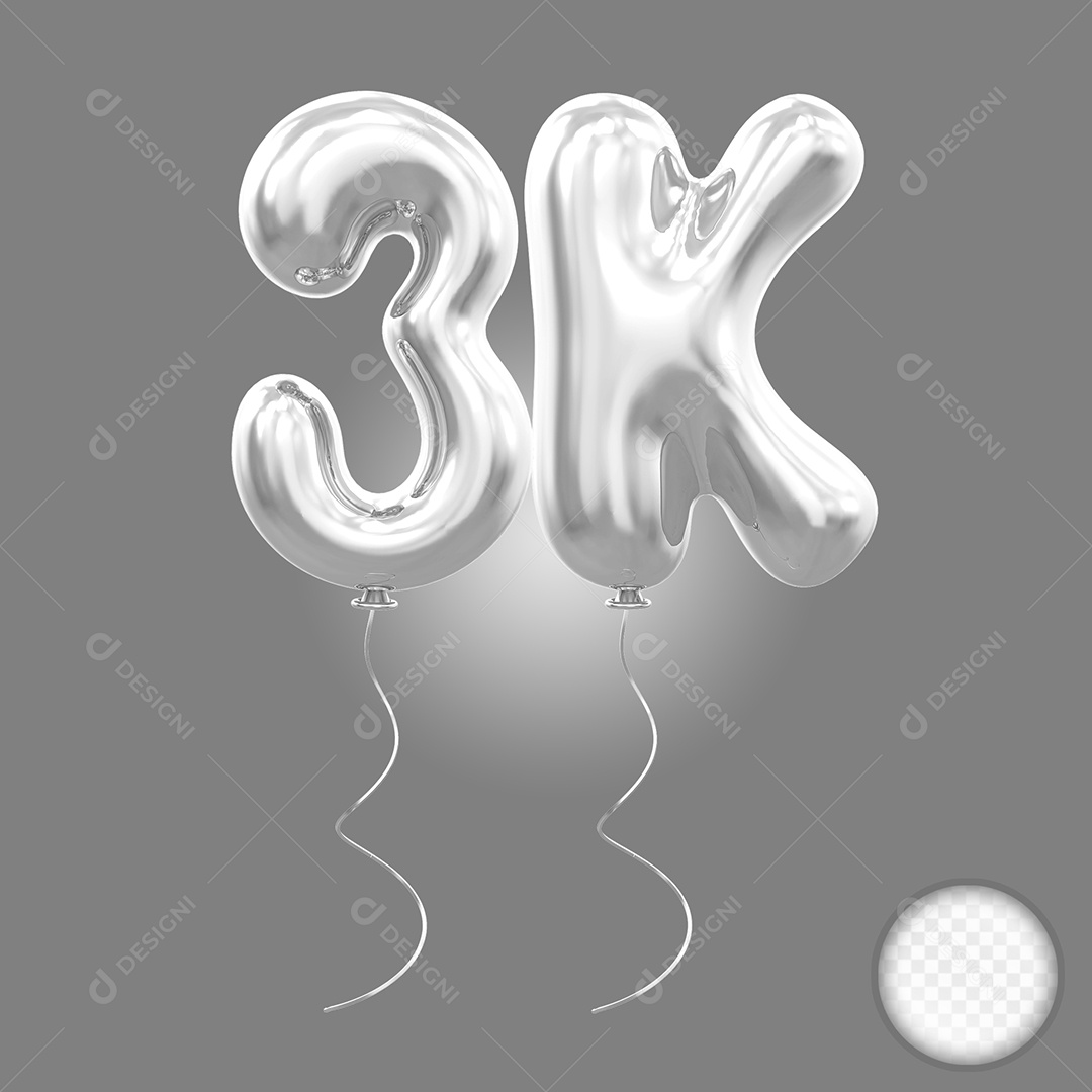 Elemento 3D Balão Prata de Número 3K para Composição PSD