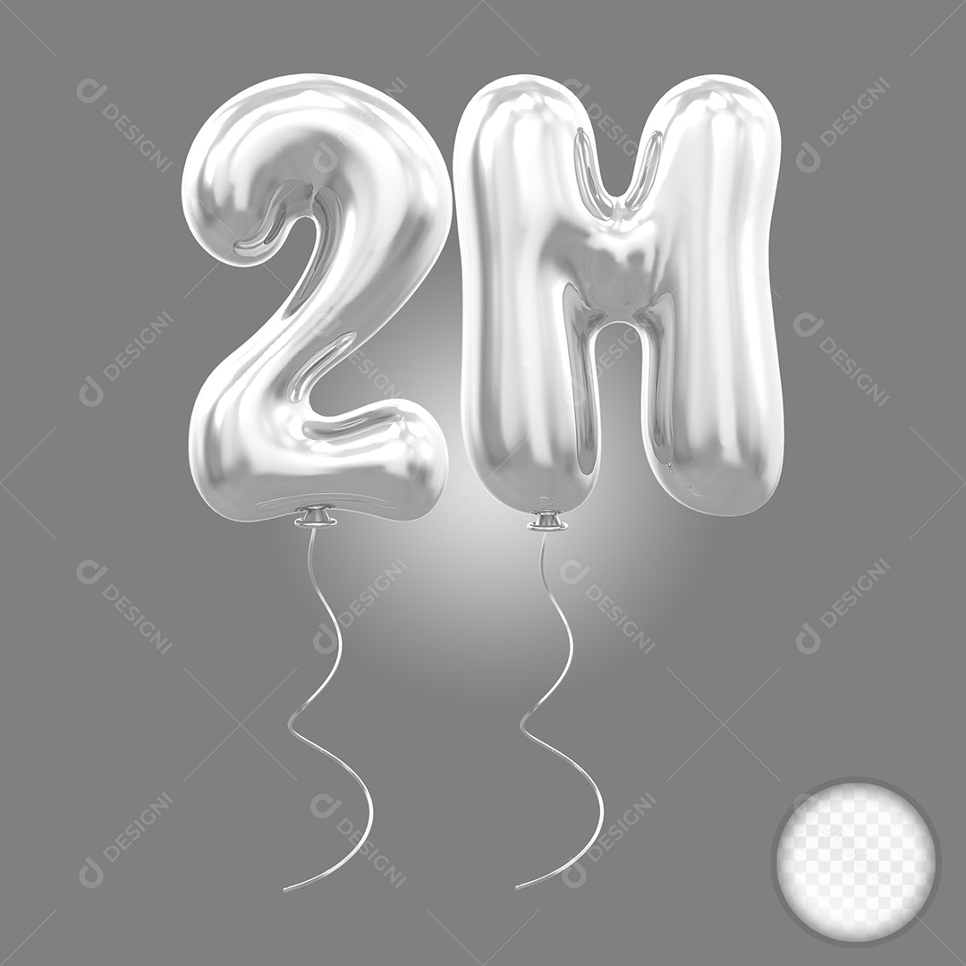 Elemento 3D Balão Prata de Número 2M para Composição PSD