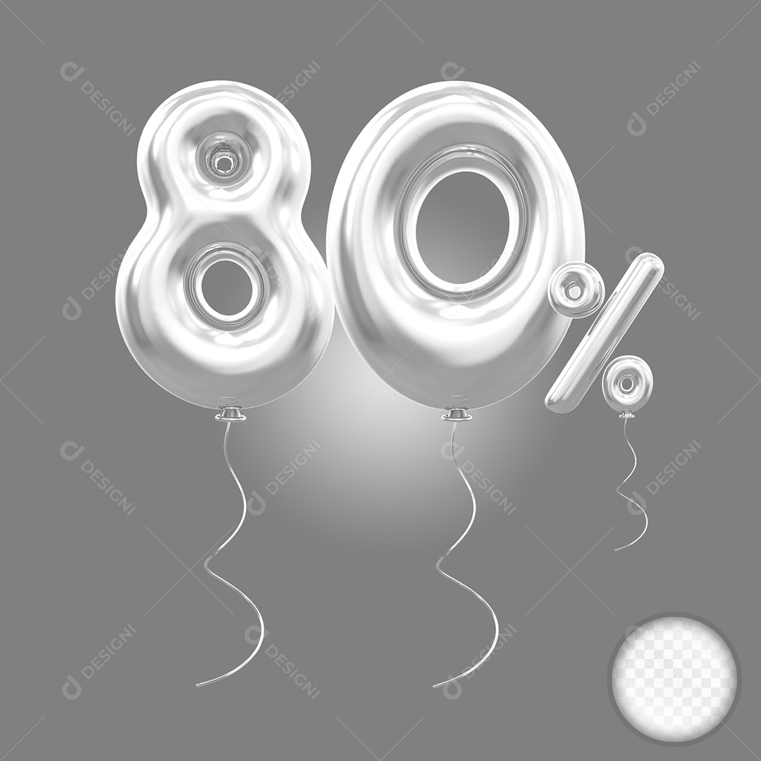 Balão 3D Número 80% Cinza Elemento Para Composição PSD
