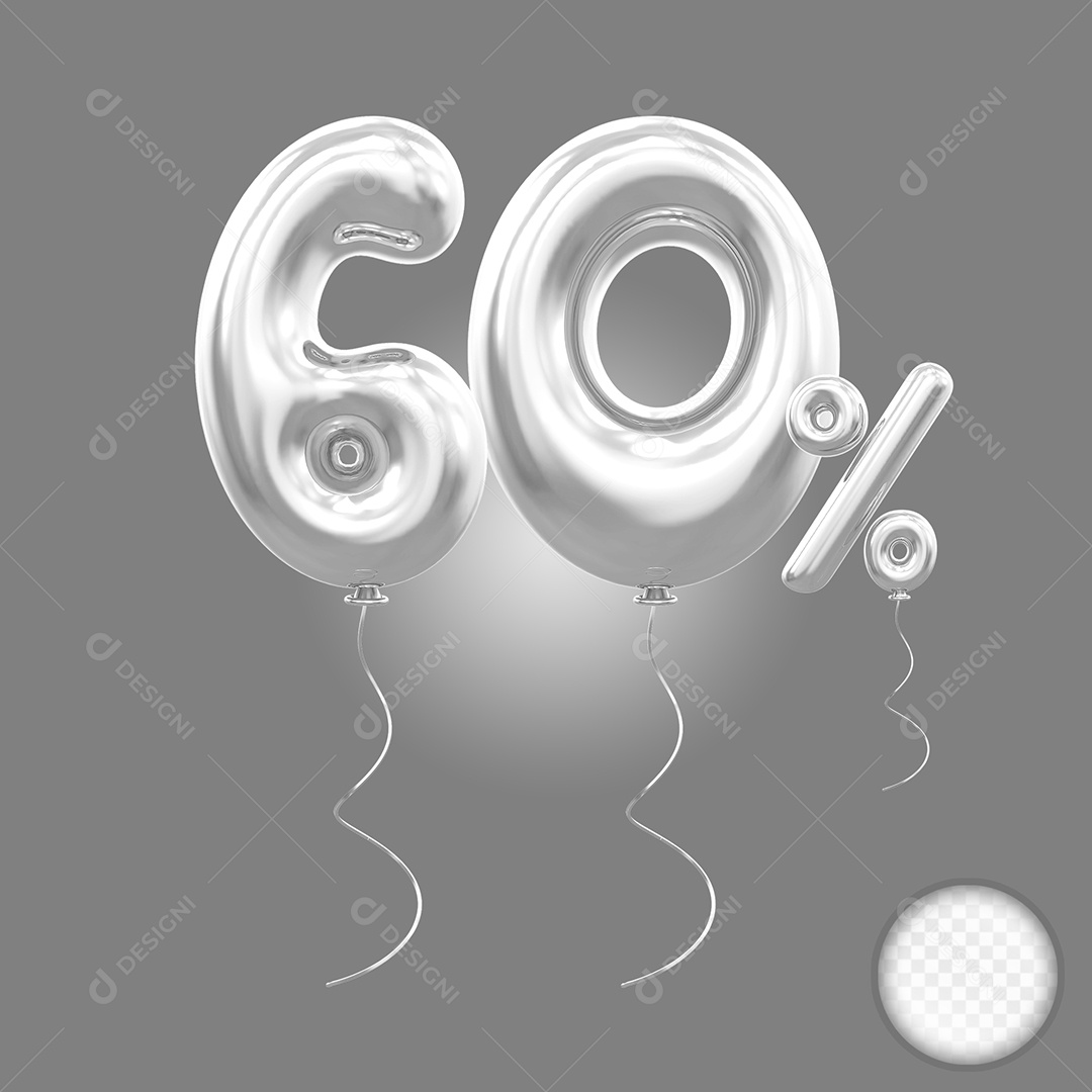 Balão 3D Número 60% Cinza Elemento Para Composição PSD