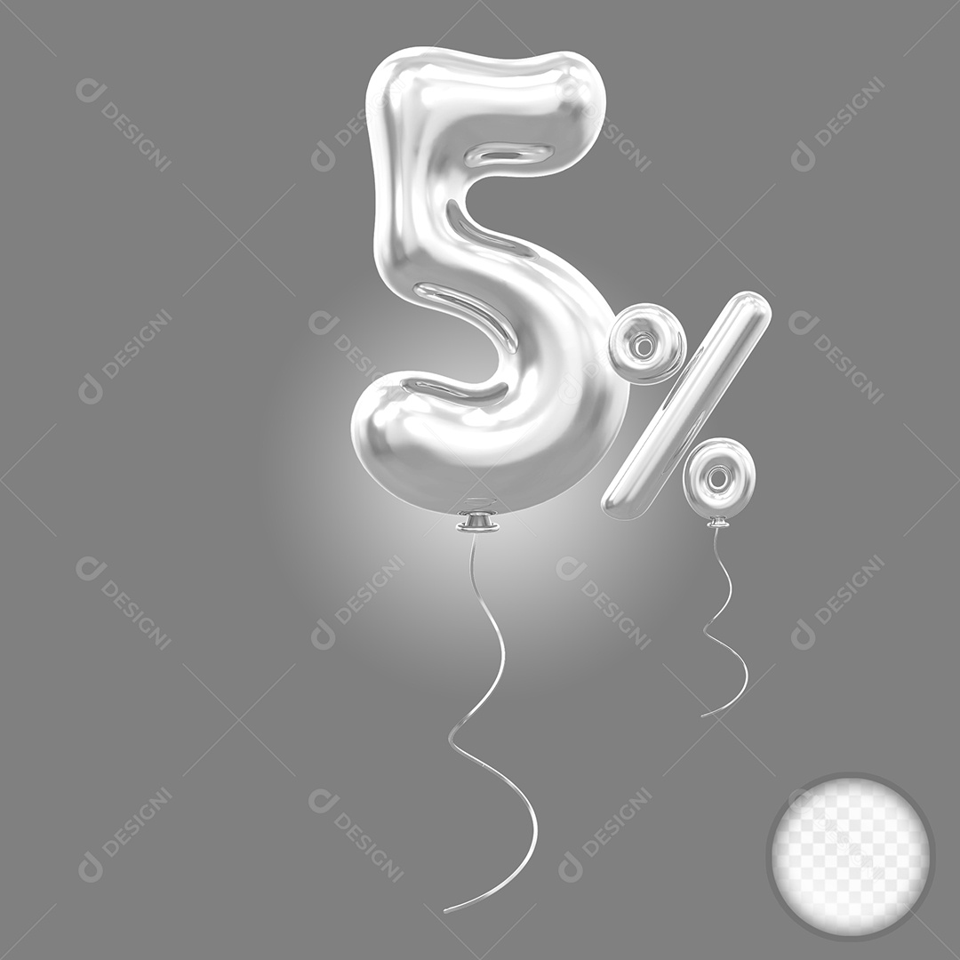 Balão 3D Número 5% Cinza Elemento Para Composição PSD