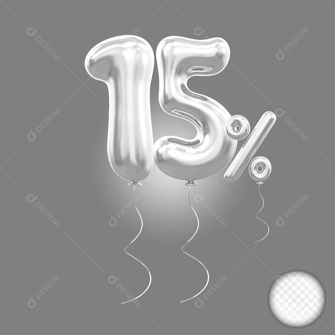 Balão 3D Número 15% Cinza Elemento Para Composição PSD