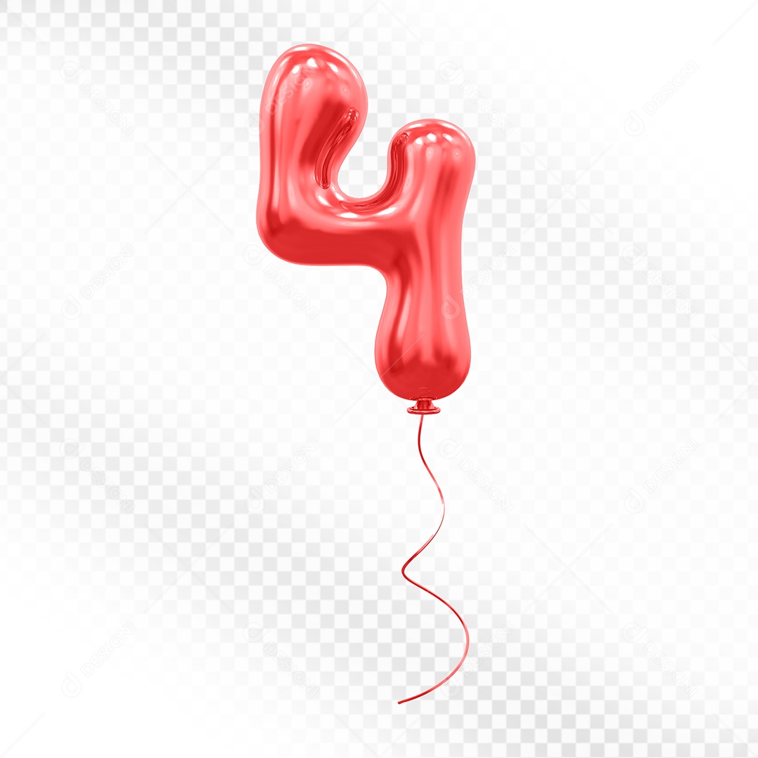 Elemento 3D Balão Vermelho de Número 4 para Composição PSD