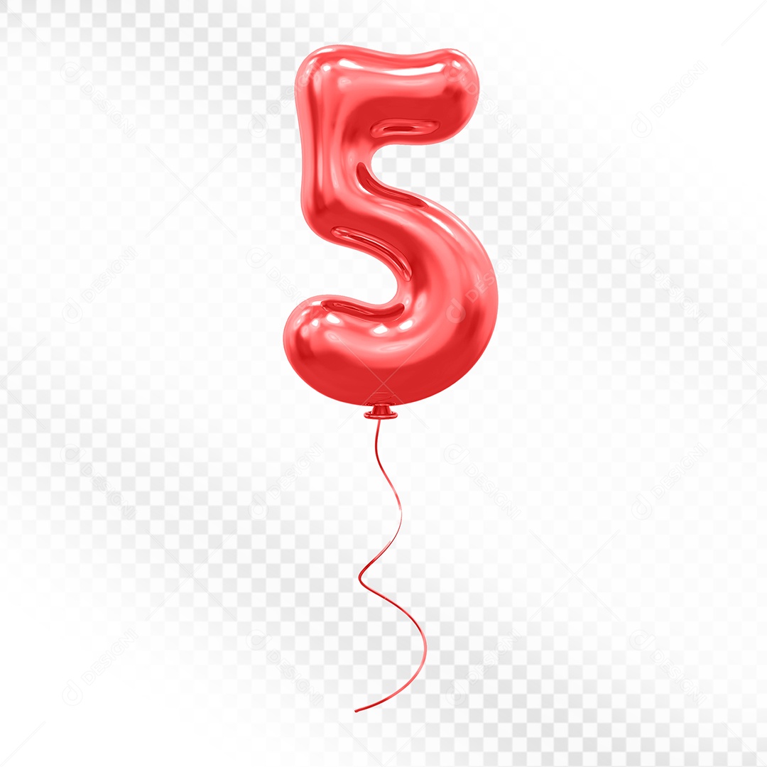 Elemento 3D Balão Vermelho de Número 5 para Composição PSD