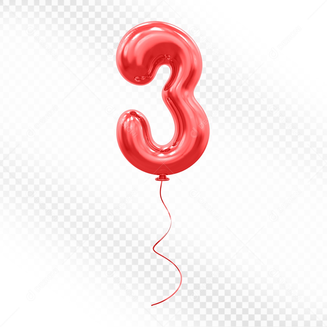 Elemento 3D Balão Vermelho de Número 3 para Composição PSD