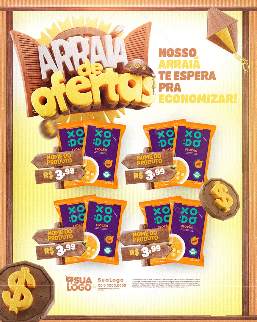 Encarte Arraiá de Ofertas Supermercado Social Media PSD Editável