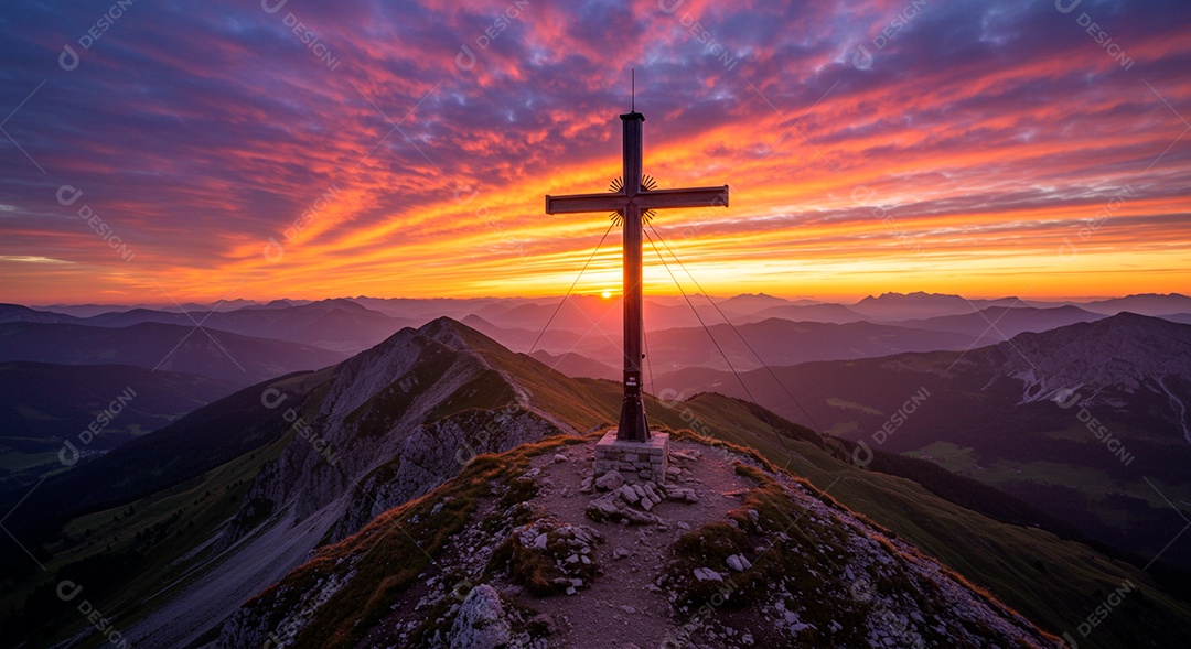 Silhueta de Cruz sobre fundo céu alaranjado em montanha