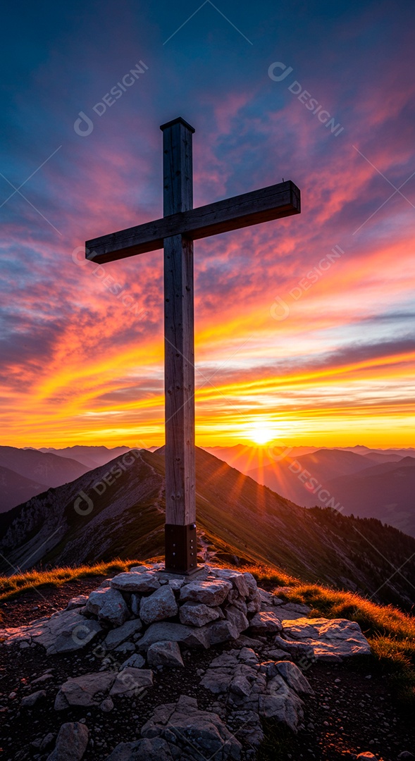 Silhueta de Cruz sobre fundo céu alaranjado em montanha