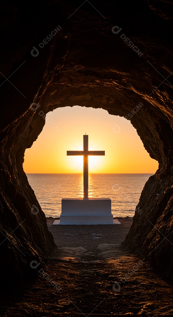 Silhueta de Cruz sobre fundo céu alaranjado em uma praia