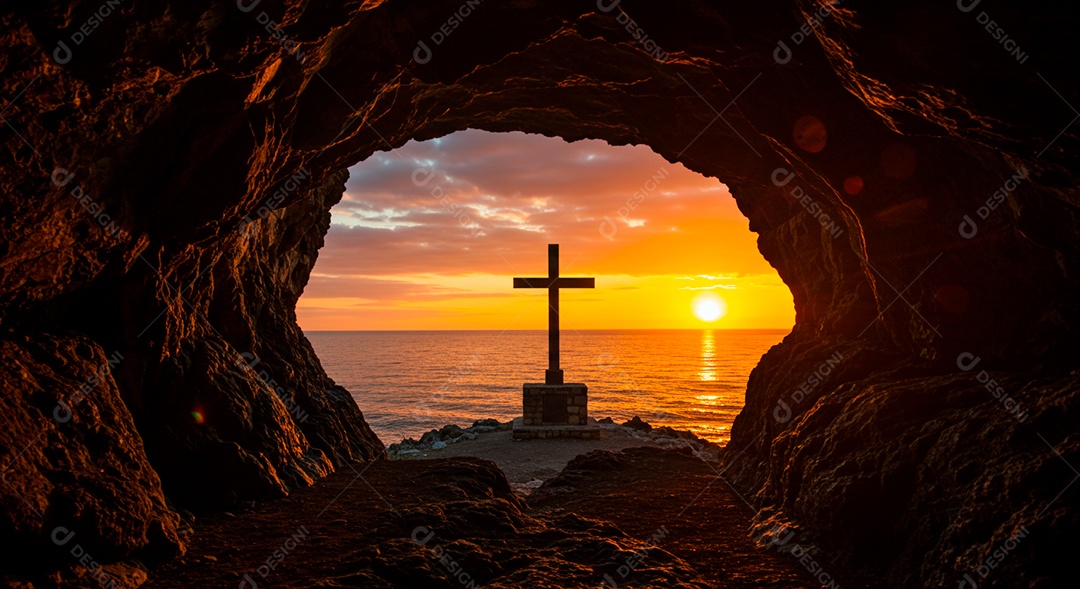 Silhueta de Cruz sobre fundo céu alaranjado em uma praia