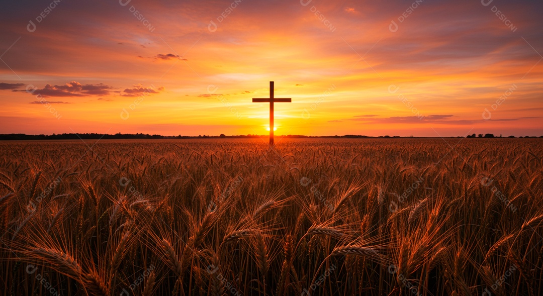 Silhueta de Cruz sobre fundo céu alaranjado