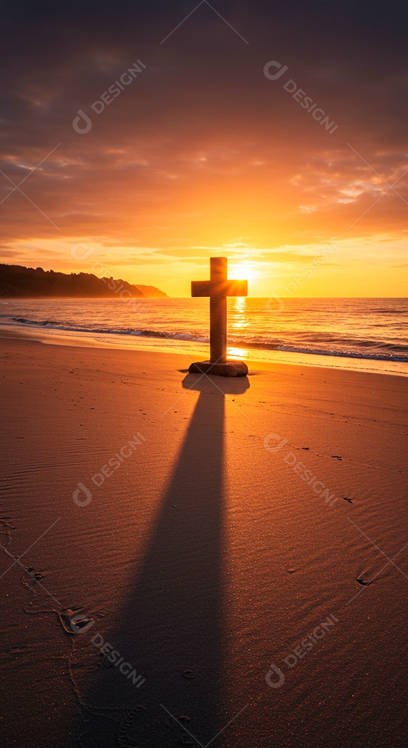 Silhueta de Cruz sobre fundo céu alaranjado em uma praia
