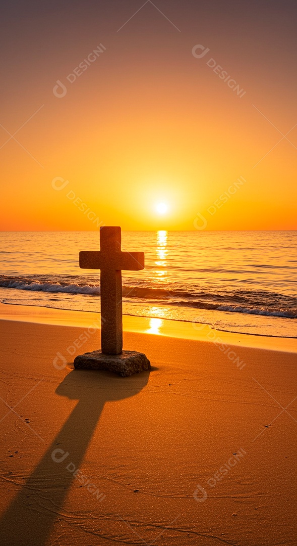 Silhueta de Cruz sobre fundo céu alaranjado em uma praia