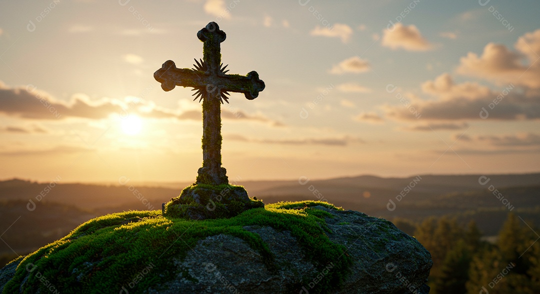 Silhueta de Cruz sobre fundo céu alaranjado