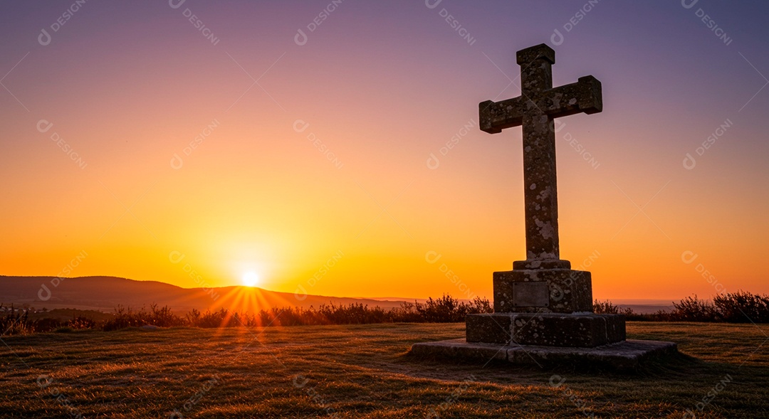 Silhueta de Cruz sobre fundo céu alaranjado