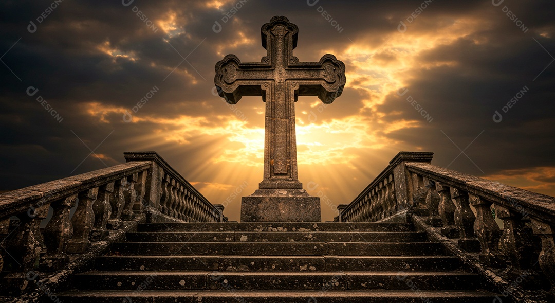 Silhueta de Cruz sobre fundo céu alaranjado em uma escada