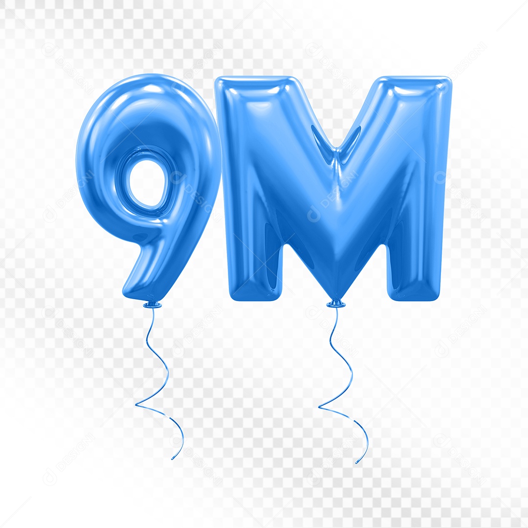Elemento 3D Balão Azul de Número 9M para Composição PSD