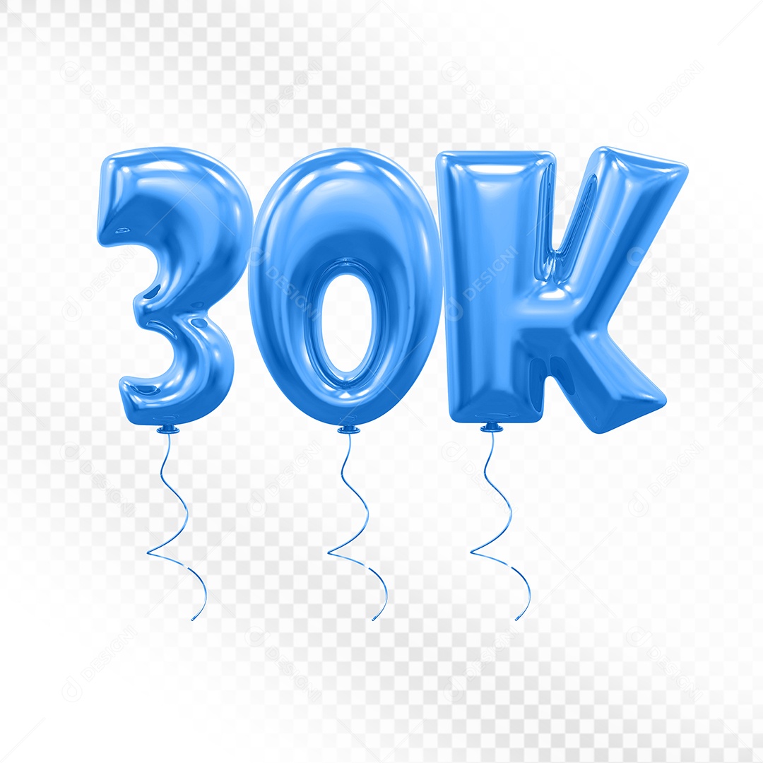 Elemento 3D Balão Azul de Número 30K para Composição PSD