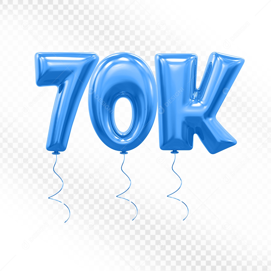 Elemento 3D Balão Azul de Número 70K para Composição PSD