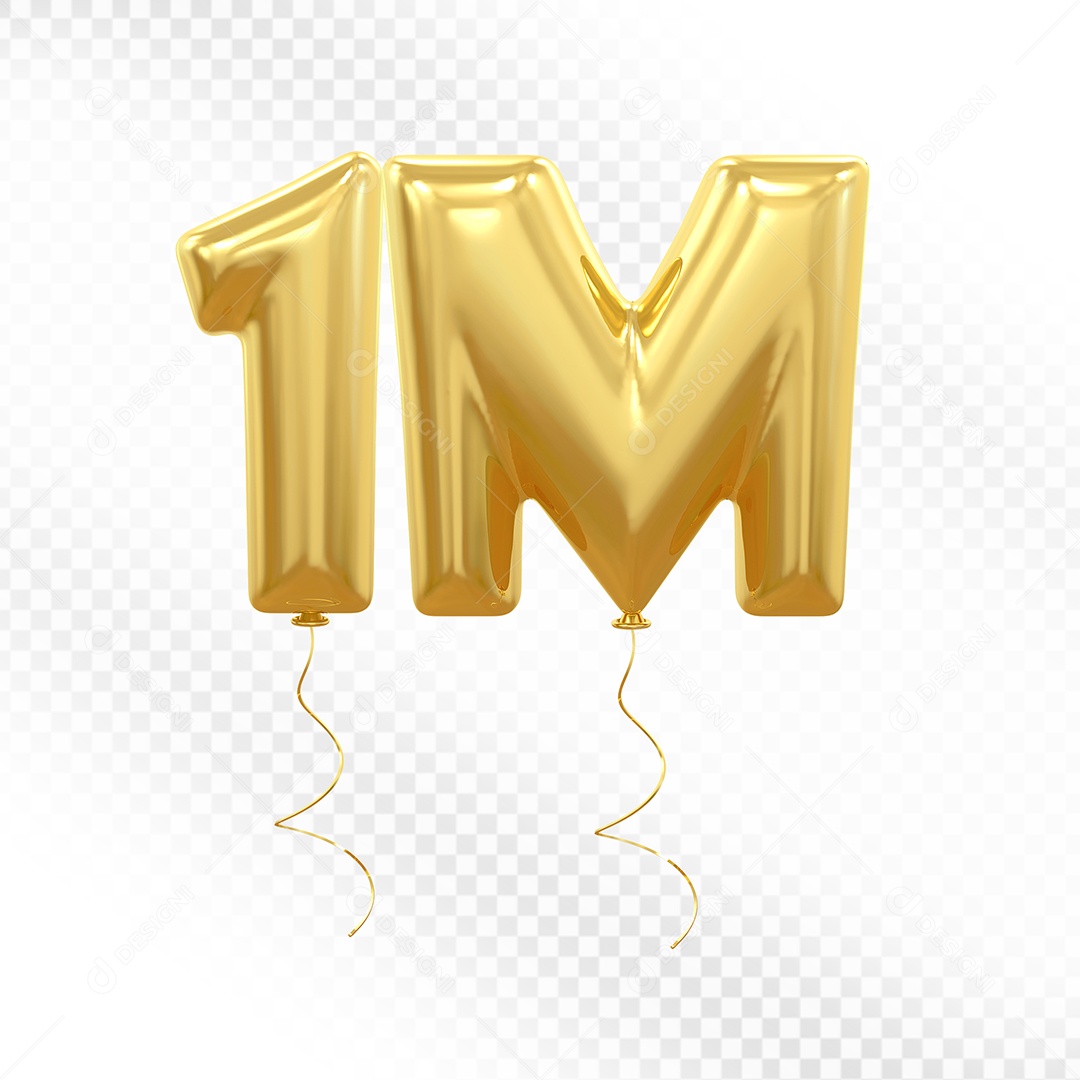 Elemento 3D Balão Dourado de Número 1M para Composição PSD