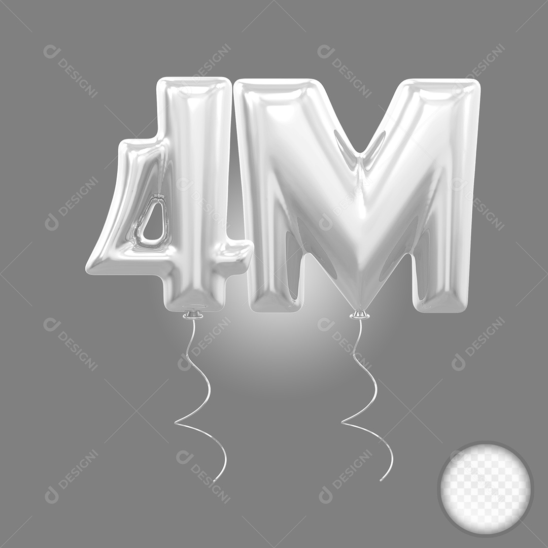 Elemento 3D Balão Prata de Número 4M para Composição PSD
