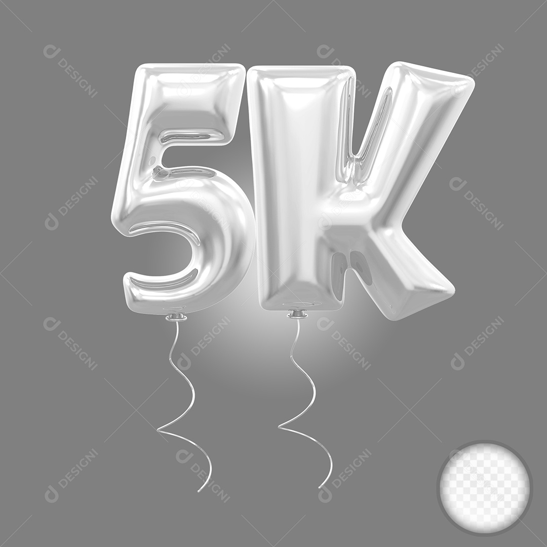 Elemento 3D Balão Prata de Número 5K para Composição PSD