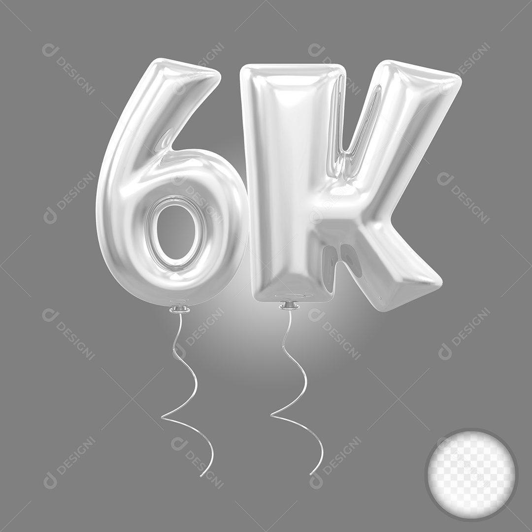 Elemento 3D Balão Prata de Número 6K para Composição PSD