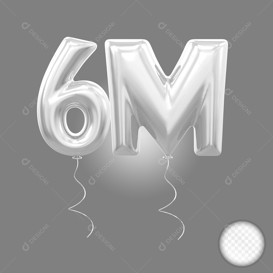 Elemento 3D Balão Prata de Número 6M para Composição PSD