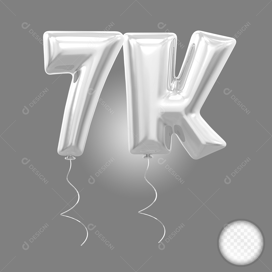 Elemento 3D Balão Prata de Número 7K para Composição PSD