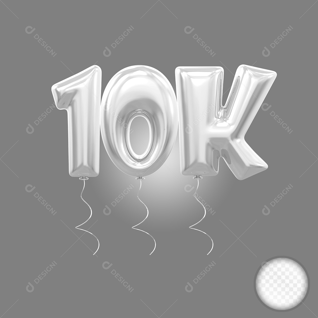 Elemento 3D Balão Prata de Número 10K para Composição PSD