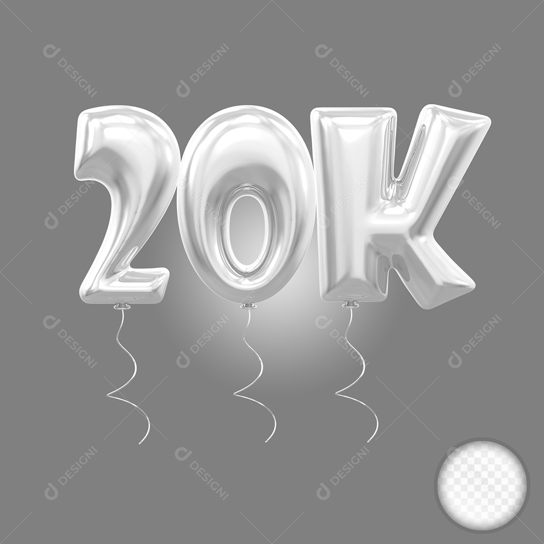 Elemento 3D Balão Prata de Número 20K para Composição PSD