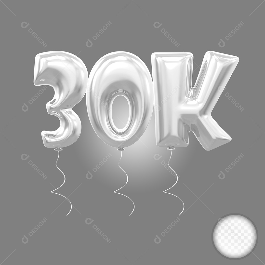 Elemento 3D Balão Prata de Número 30K para Composição PSD