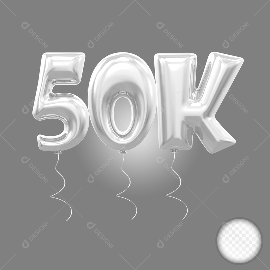 Elemento 3D Balão Prata de Número 50K para Composição PSD