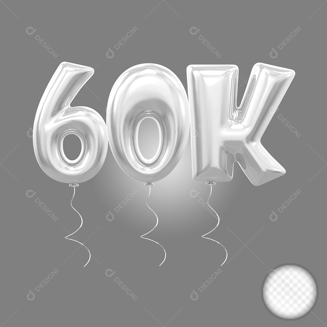Elemento 3D Balão Prata de Número 60K para Composição PSD