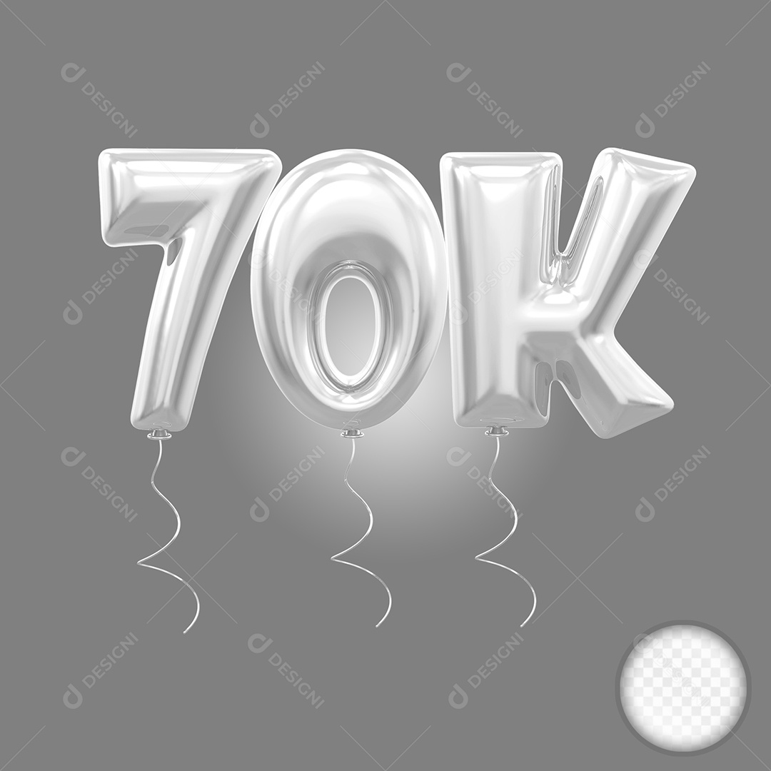 Elemento 3D Balão Prata de Número 70K para Composição PSD