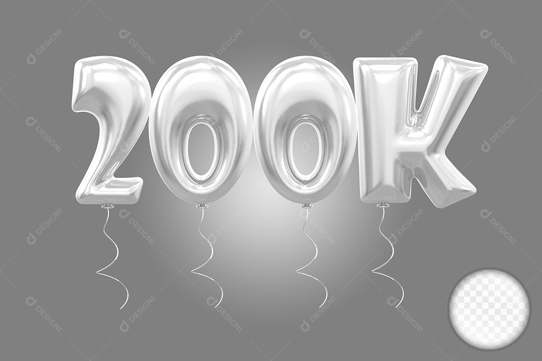 Elemento 3D Balão Prata de Número 200K para Composição PSD