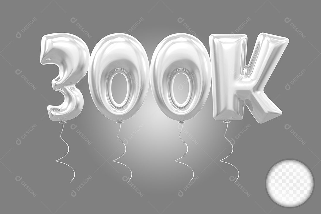 Elemento 3D Balão Prata de Número 300K para Composição PSD