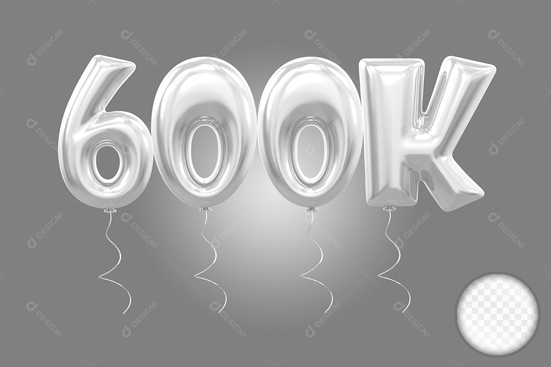 Elemento 3D Balão Prata de Número 600K para Composição PSD