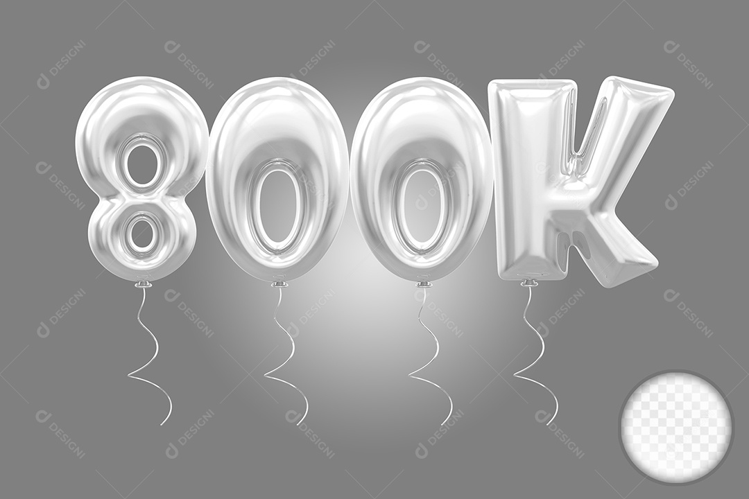 Elemento 3D Balão Prata de Número 800K para Composição PSD