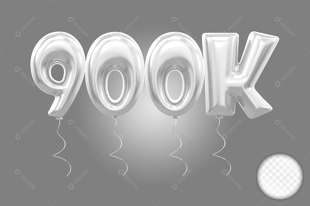 Elemento 3D Balão Prata de Número 900K para Composição PSD