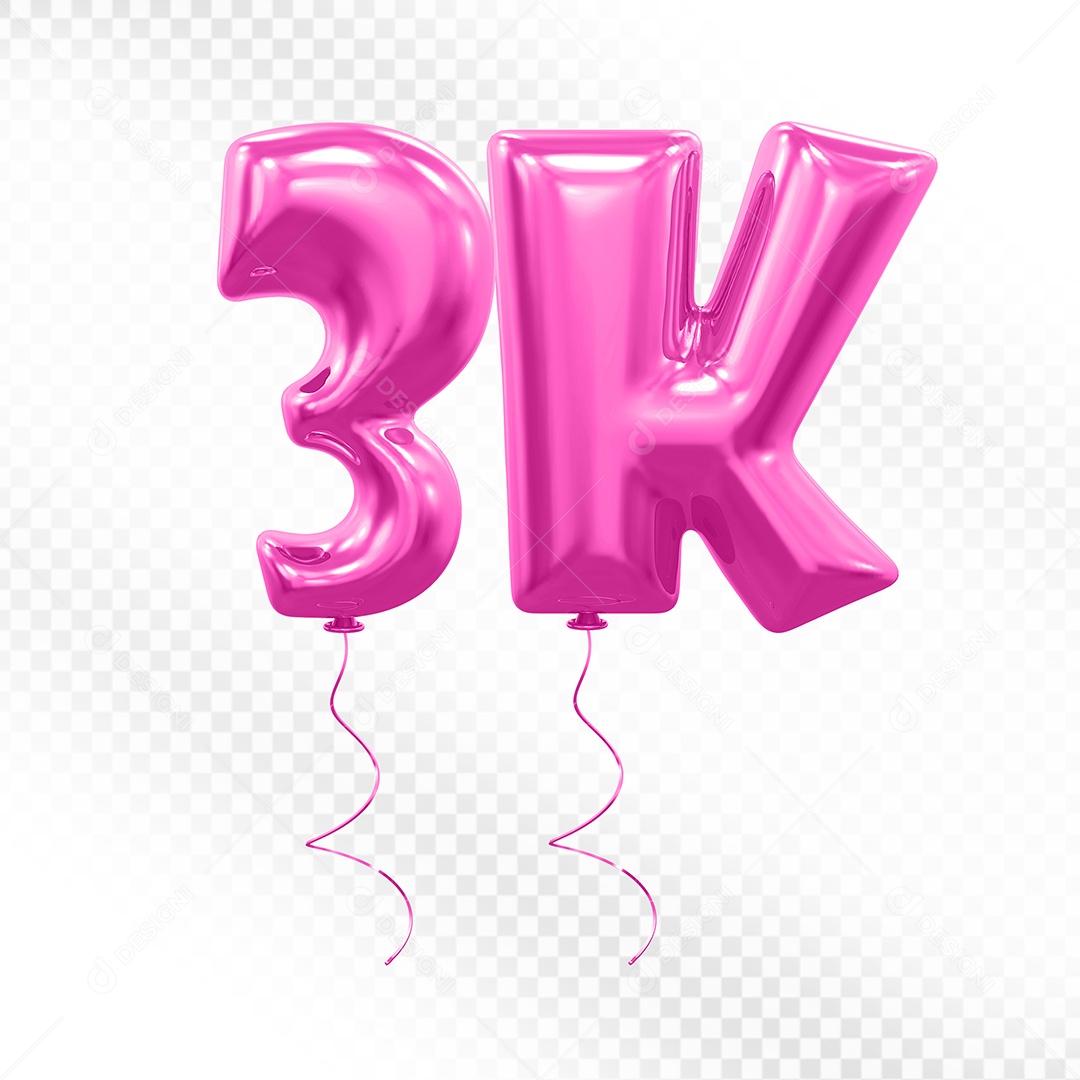 Elemento 3D Balão Rosa de Número 3K para Composição PSD