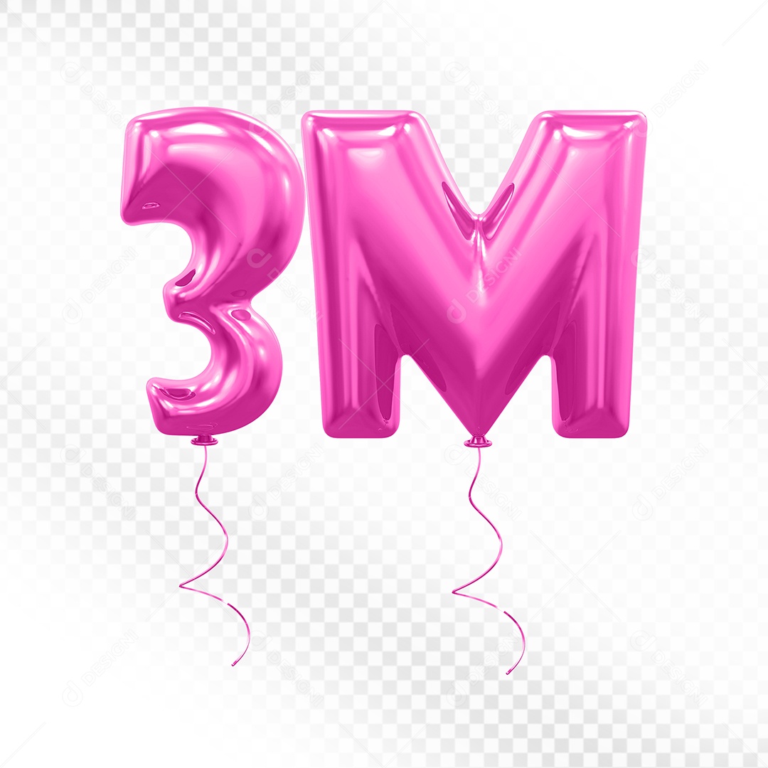 Elemento 3D Balão Rosa de Número 3M para Composição PSD