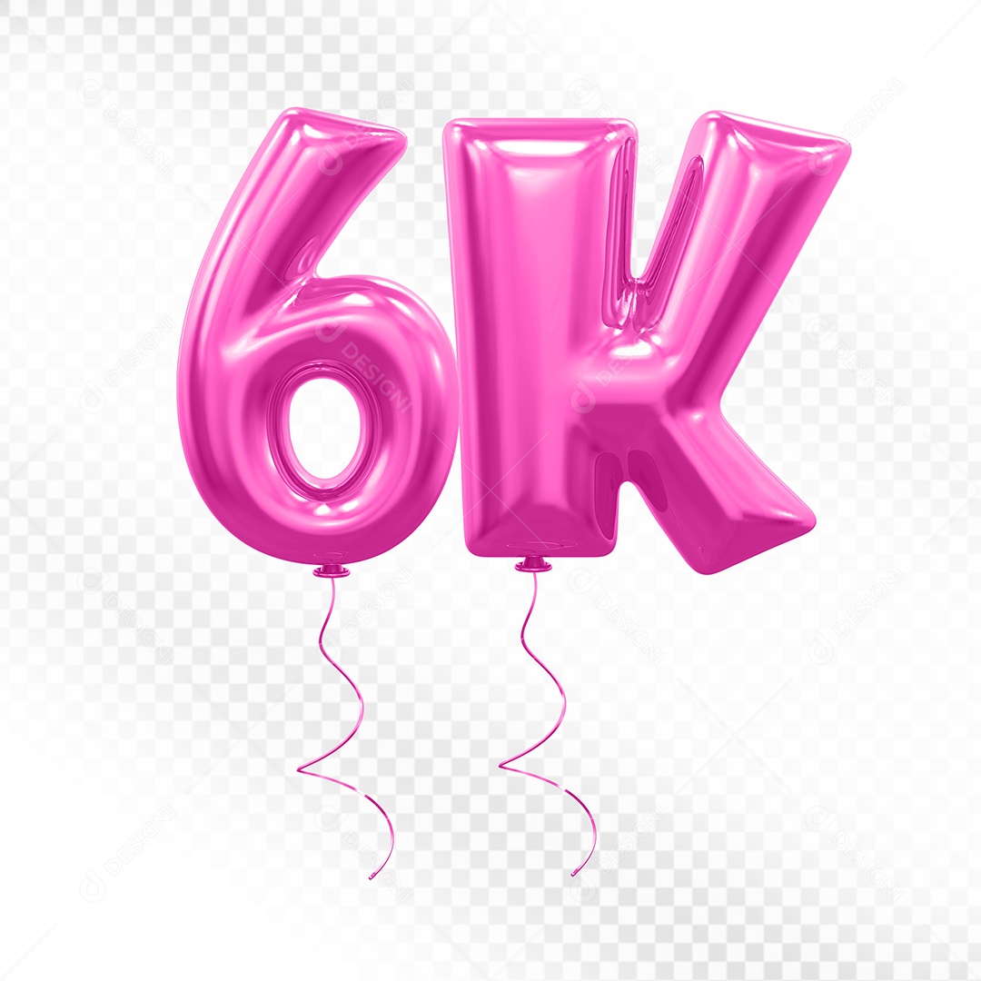Elemento 3D Balão Rosa de Número 6K para Composição PSD